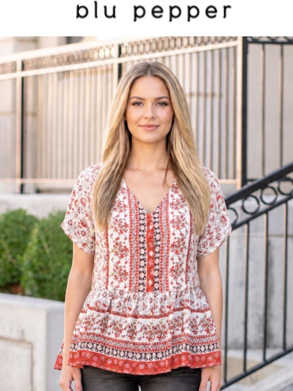 Blu Pepper Rust and Cream Floral Peplum Tunic